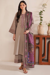 GARNET - 3PC DHANAK EMBROIDERED SHIRT WITH TWILL PRINTED SHAWL AND TROUSER - HZU2431